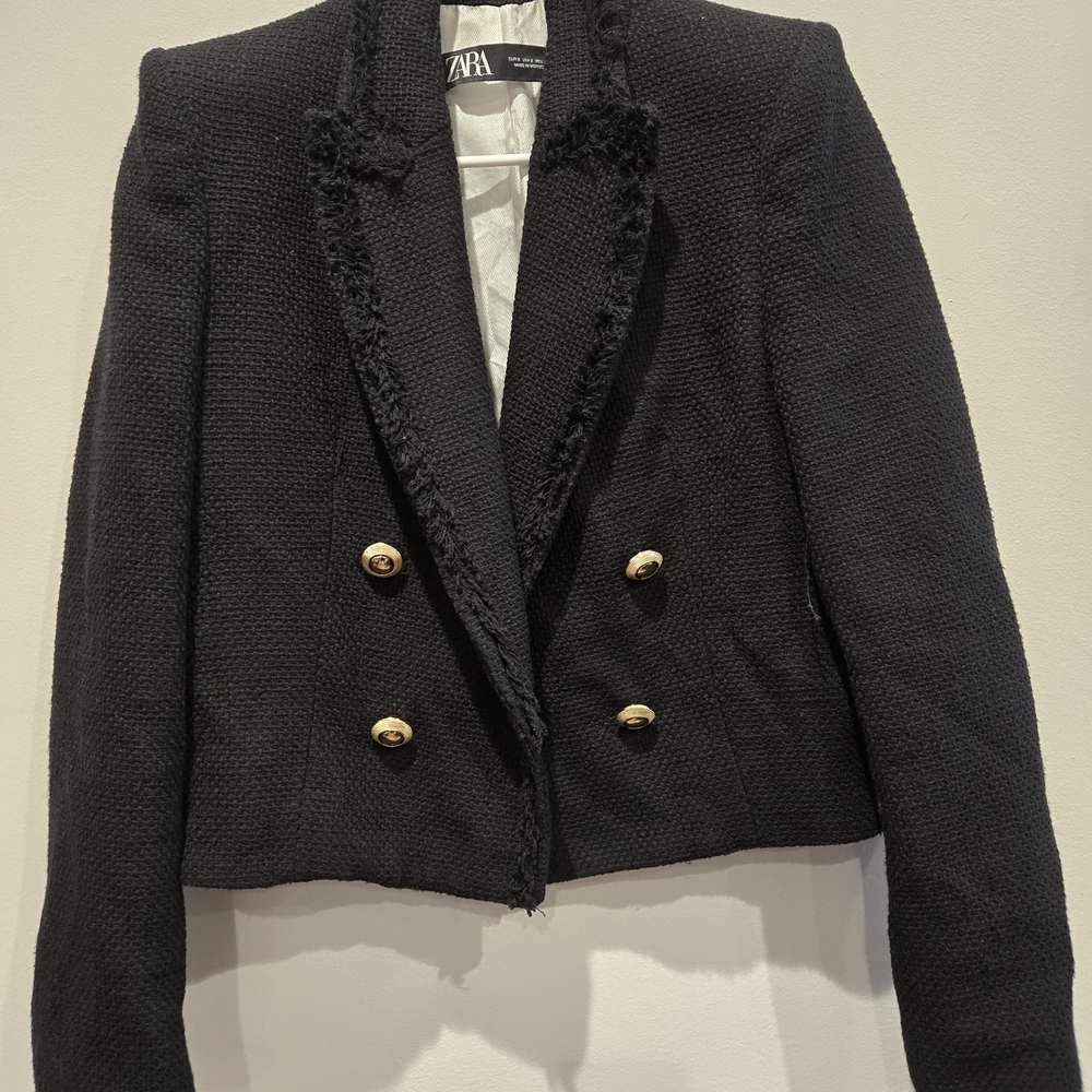 Zara Black Double-Breasted Cropped Tweed Jacket